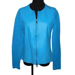 Maurice Sasson Blue Leather & Cotton Knit Jacket Size Small